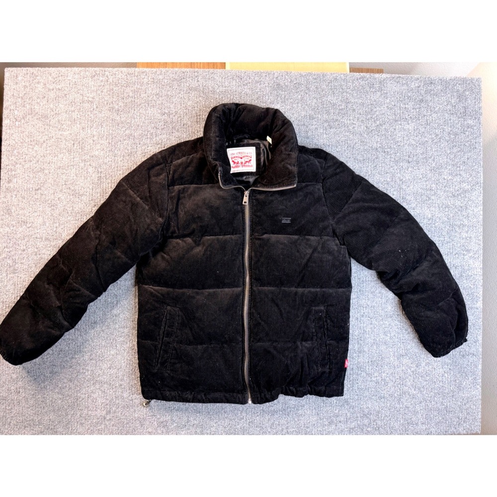 Levi's Mens Small Black Corduroy Puffer Jacket Insulated Full Zip Quilted Coat